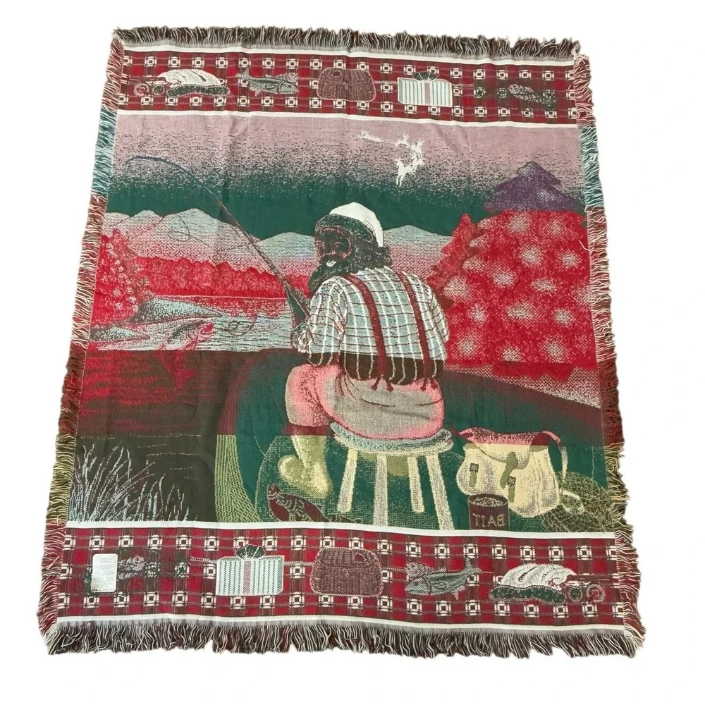 American Weavers Santa‎ Claus Fishing Tapestry Throw Blanket Christmas Cabin